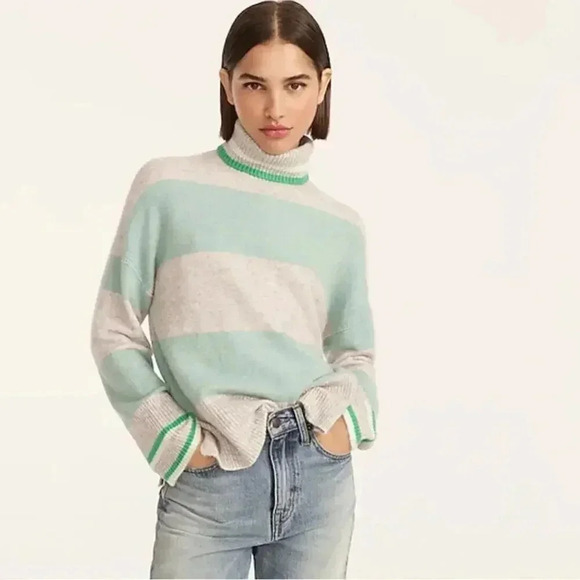 J.Crew Striped turtleneck sweater in Supersoft yarn Heather Grey Mint Size Large - Picture 2 of 12
